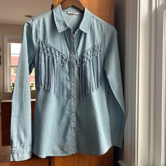 Denim Chambray Shirt with Fringe - Picture 1 of 6